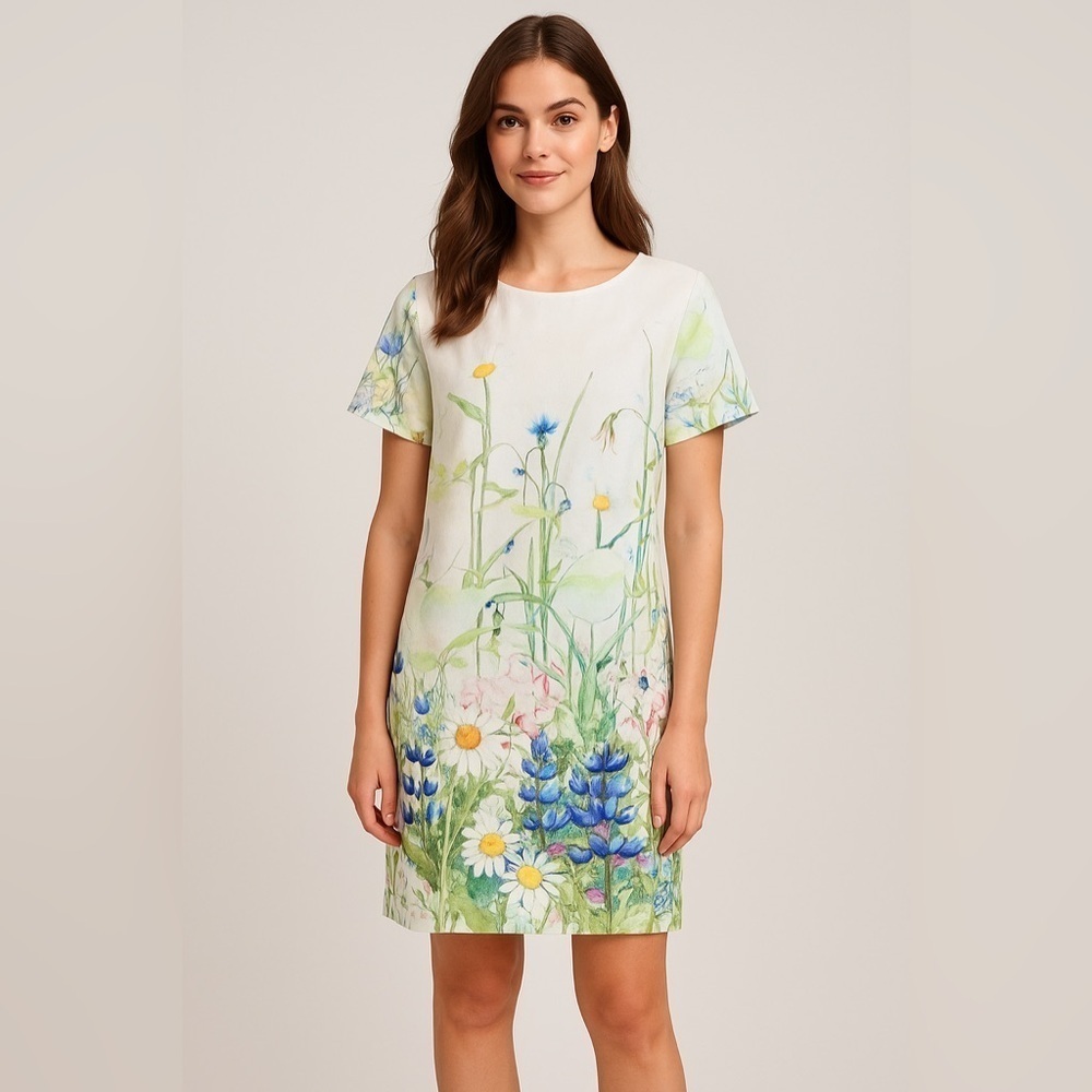 Molly Bracken Wildflower Floral Shift Dress Pockets White Botanical Print S